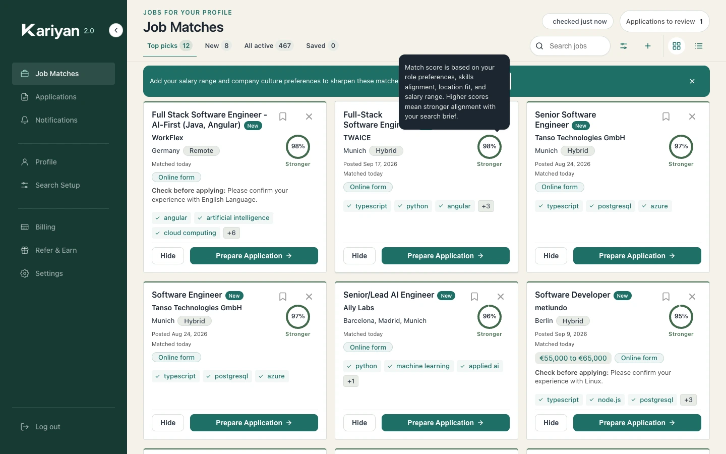 The match feed with four jobs, each showing its fit and one point to check.