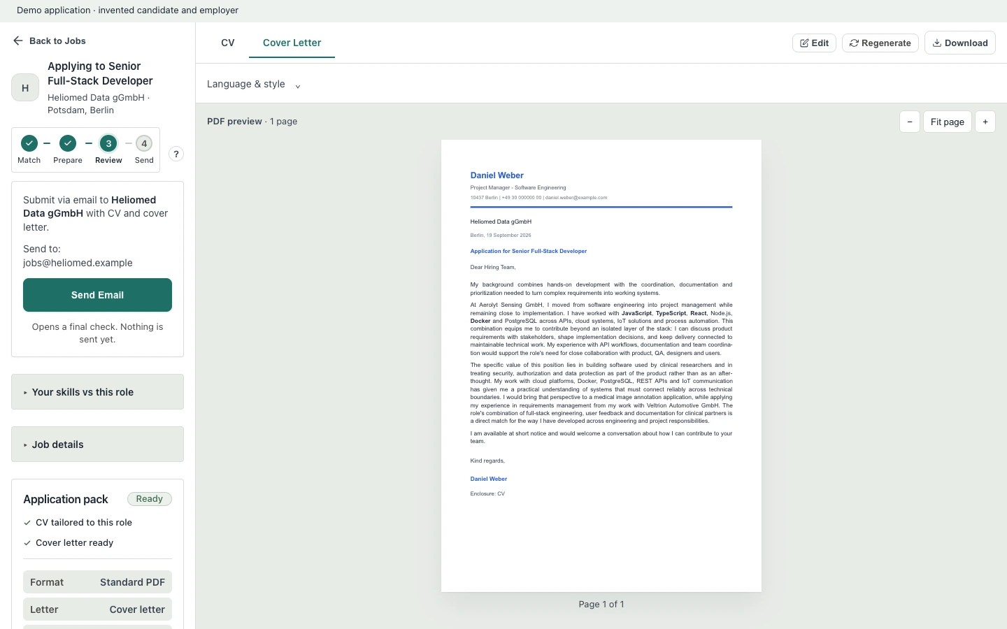 A prepared cover letter open for editing in Kariyan.