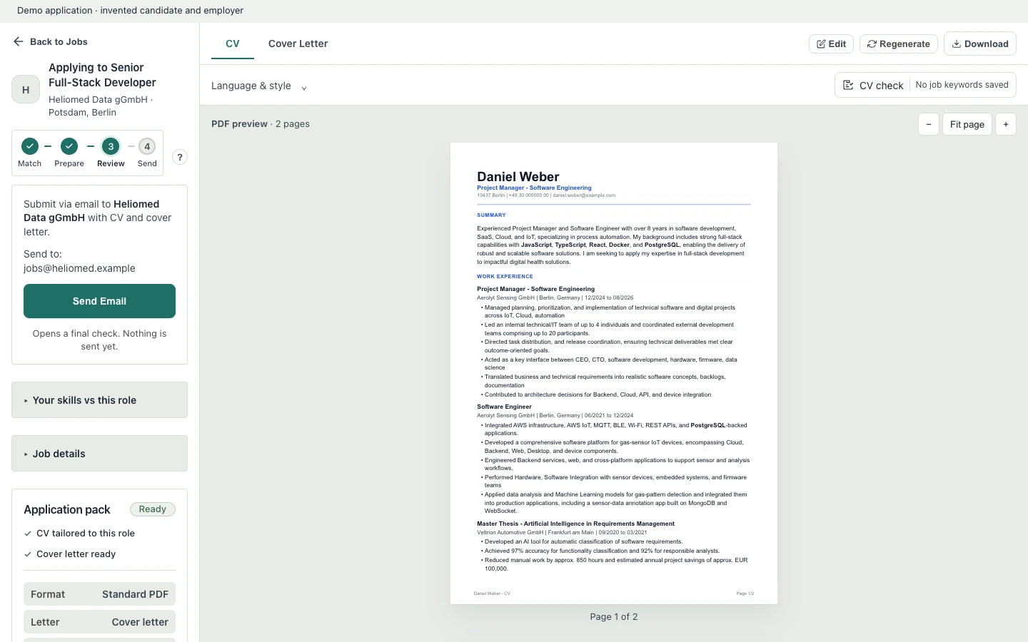 The review screen with the prepared CV and the button that sends the application.