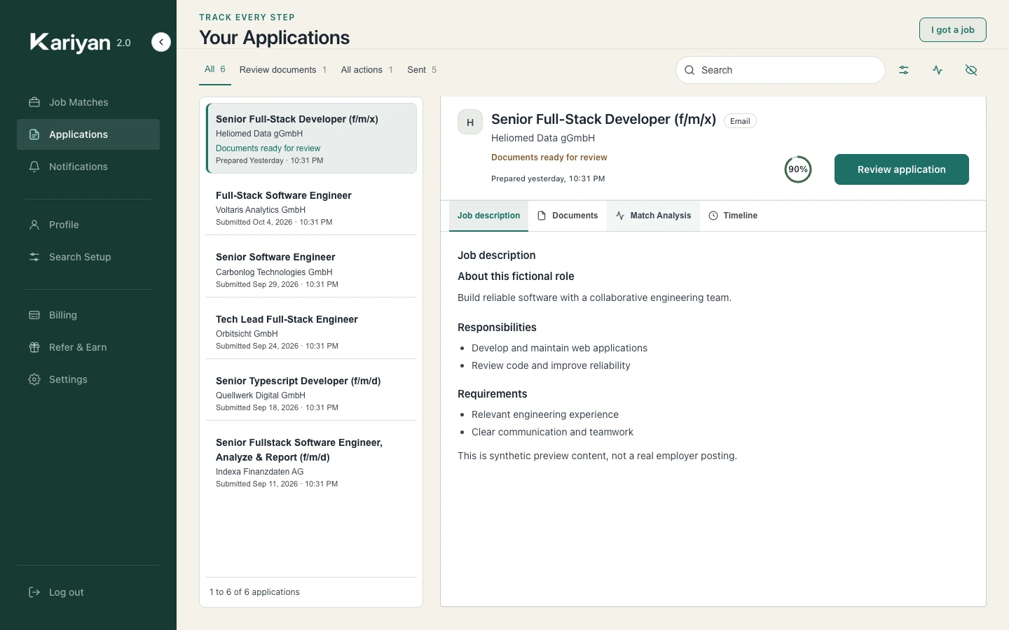 Screenshot of the Kariyan applications list with example data: prepared and sent applications, their match score and status.