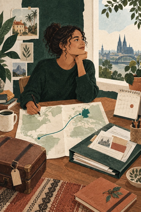 A job seeker prepares at a desk with a route from home to Germany, documents and a calendar.