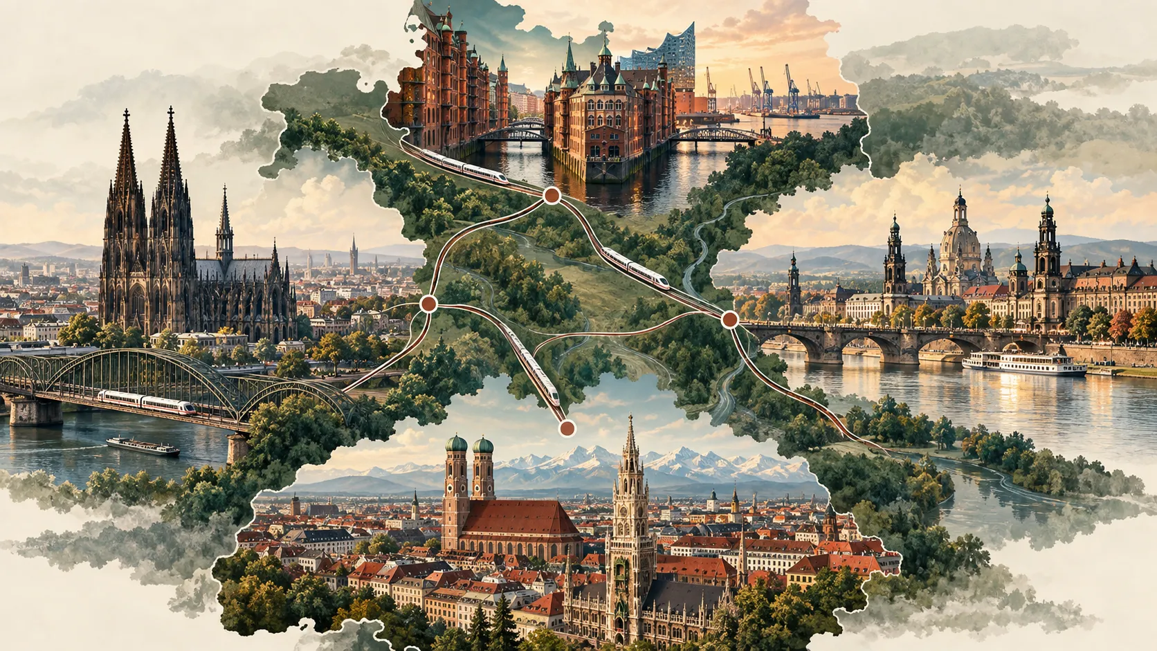 Illustrated map connecting several German cities by rail.
