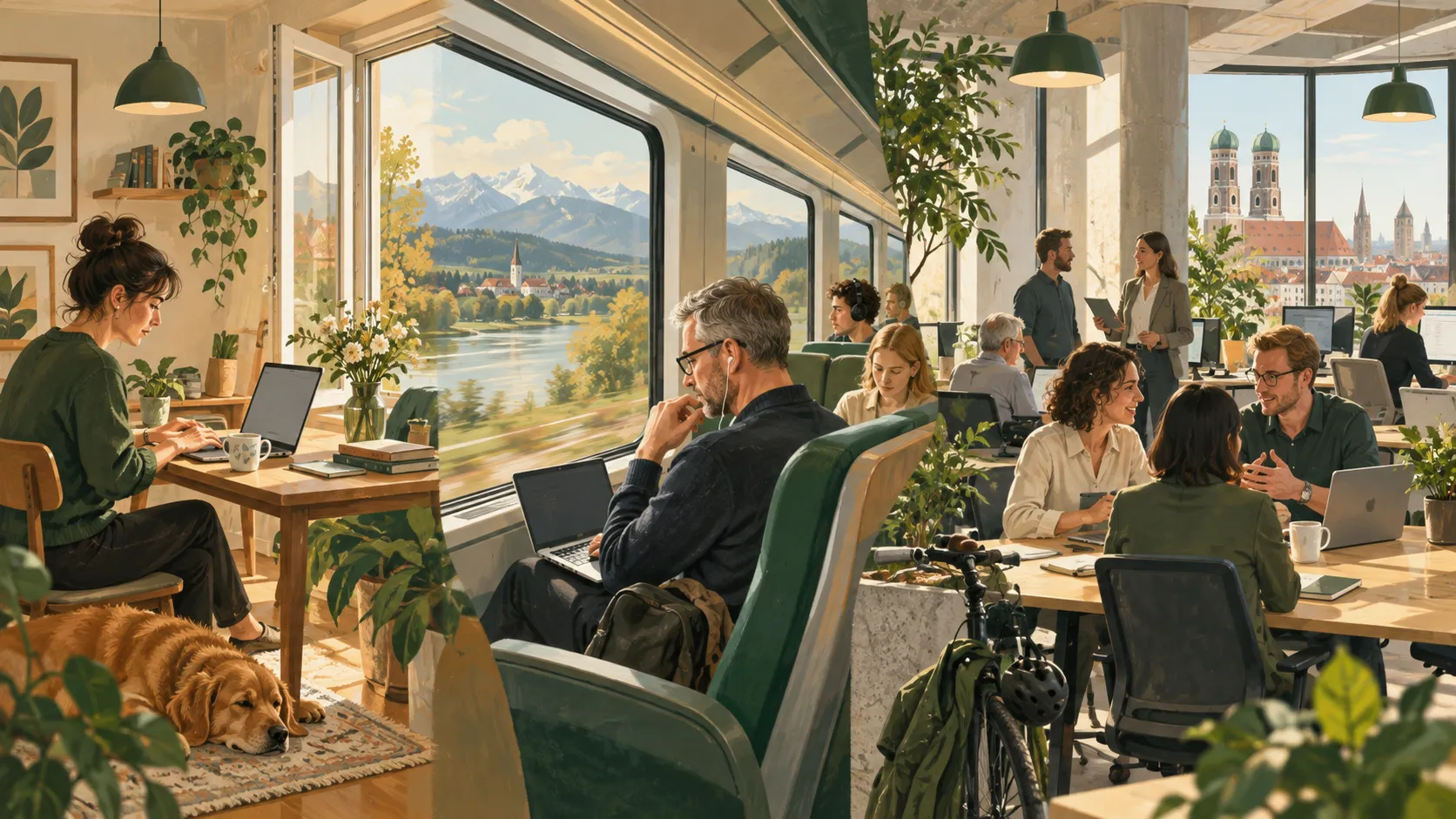 Professionals work across office, home, and travel settings in Germany.